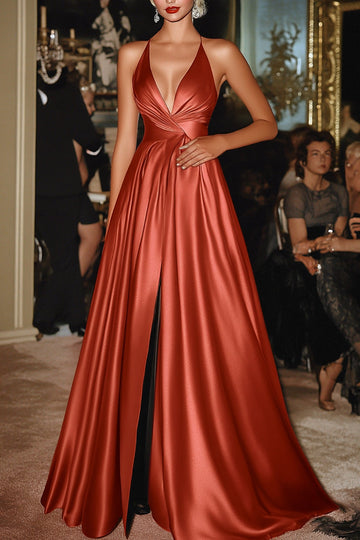 Terracotta Spaghetti Straps A-ligne Robe de bal militaire longue en satin avec fente